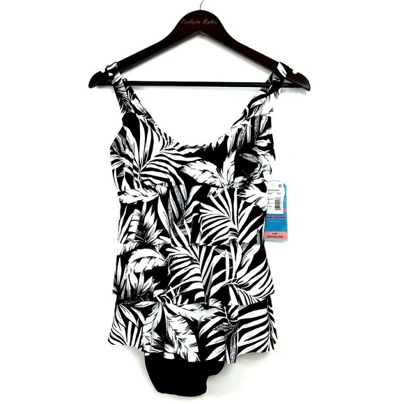 Swim Solutions Feather Bloom Black White Triple Tier One Piece Swimsuit Sz 8 - Picture 3 of 12